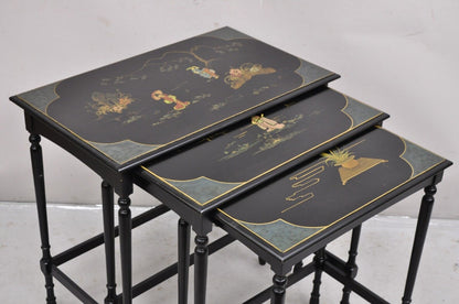 Vtg Chinoiserie Asian Inspired Black Nesting Side Tables by Paalman - Set of 3