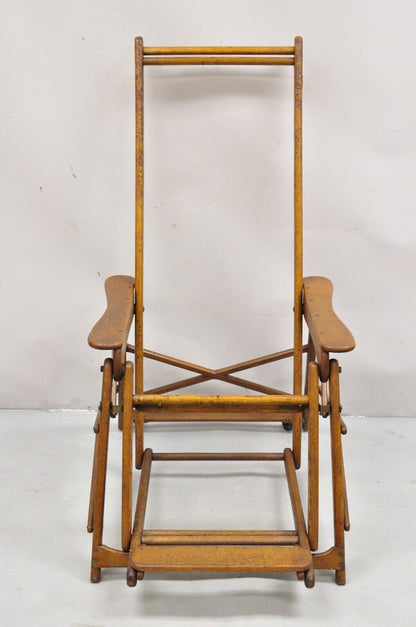 Antique Art Deco Folding Oak Wood Steamer Ship Reclining Deck Chair by Lloyd's