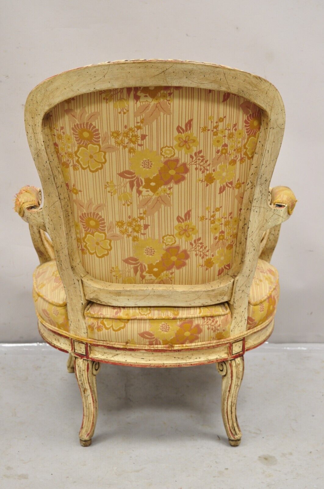 Vintage French Louis XV Style Cream and Red Painted Low Boudoir Fauteuil Chair