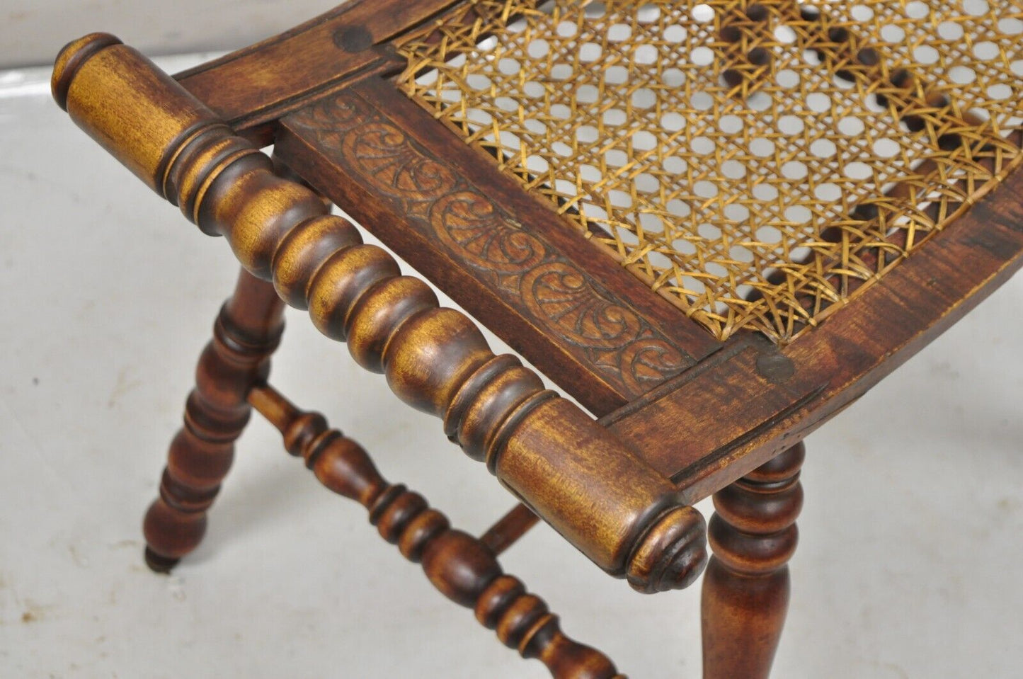 Antique English Jacobean Turn Carved Walnut Cane Seat Spindle Stool