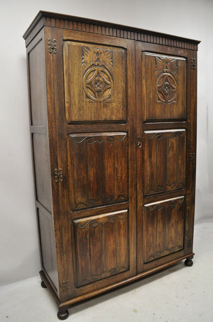 Antique Belgium Renaissance Jacobean Figural Carved Oak Large Wardrobe Cabinet