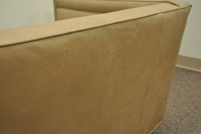 Harvey Probber Long Curved Button Tufted Beige Leather Mid Century Modern Sofa