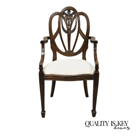 Mahogany Hepplewhite Style Prince of Wales Plume Carved Dining Arm Chair