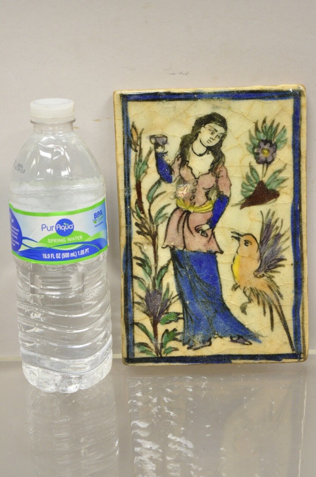 Antique Persian Iznik Qajar Style Ceramic Pottery Tile Woman and Bird C5