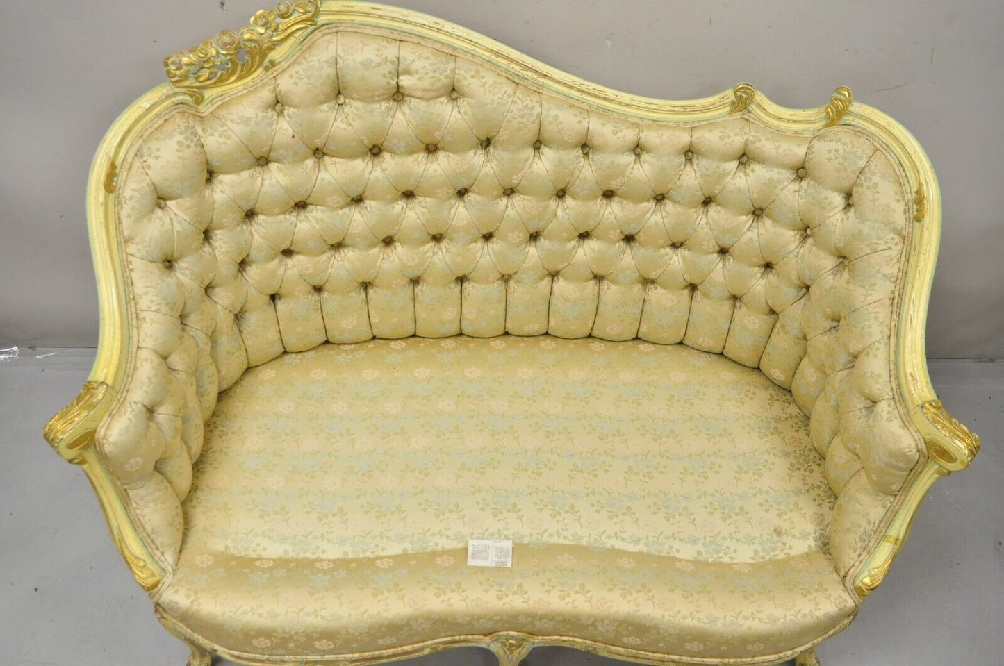 Vintage French Louis XV Rococo Style Yellow & Green Settee Loveseat Sofa