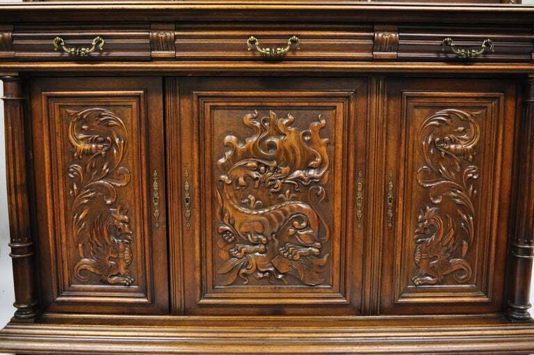 Gothic Renaissance Revival Carved Walnut Dragon Griffin Sideboard Hutch Cabinet