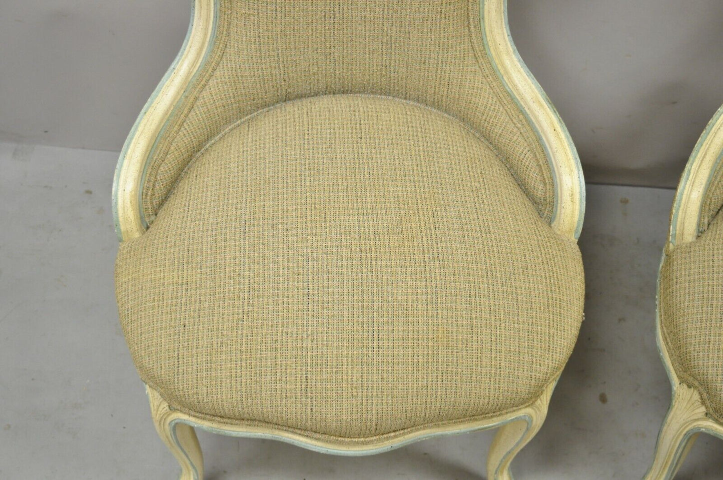 French Provincial Louis XV Cream Blue Hiprest Boudoir Slipper Chairs - a Pair