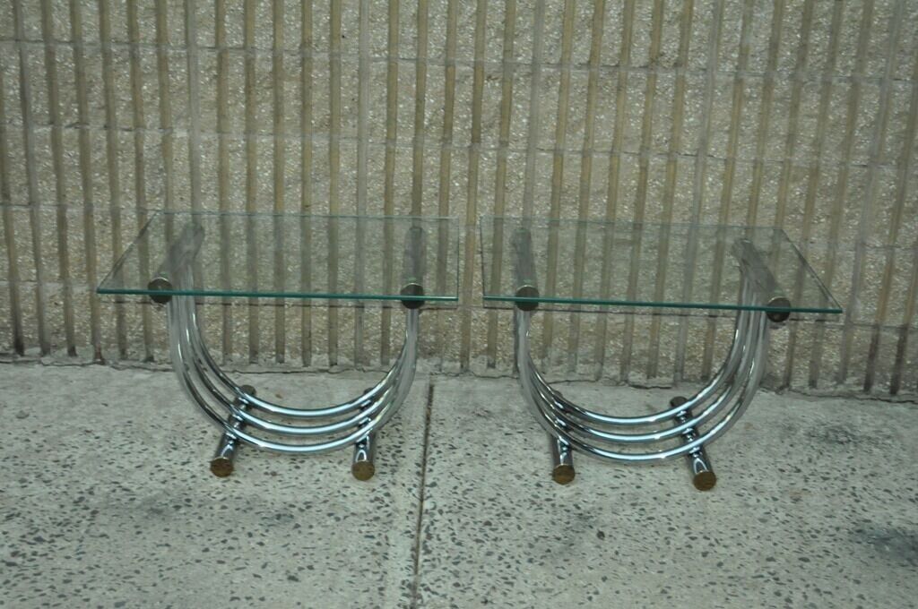 Vintage Mid Century Modern Chrome Brass Glass End Tables Romeo Rega Style a Pair