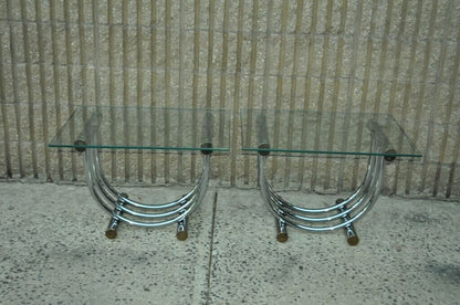 Vintage Mid Century Modern Chrome Brass Glass End Tables Romeo Rega Style a Pair