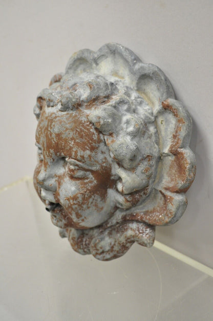 Antique French Neoclassical Small Lead Cherub Head Garden Wall Fountain