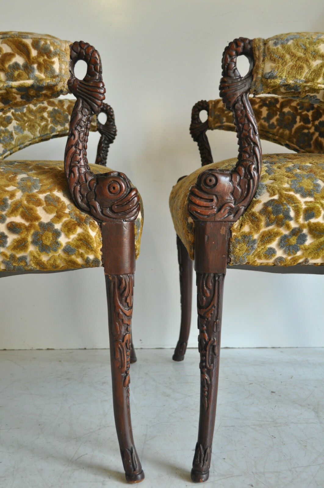 Vintage Hollywood Regency Mahogany Dolphin Carved Fire Side Arm Chairs - a Pair